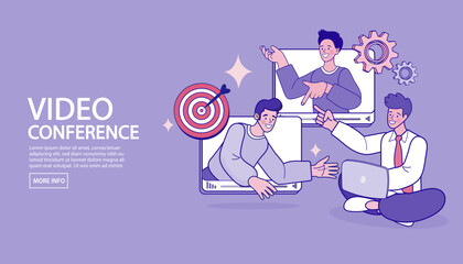 Video conference and remote work concept. A team collaborates in an online meeting, coming out of screens to achieve goals. Vector for virtual teamwork and communication.