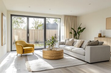 the interior design of an Dutch family home, modern and minimalistic style with beige walls and white floor, cozy sofa, golden armchair, round coffee table