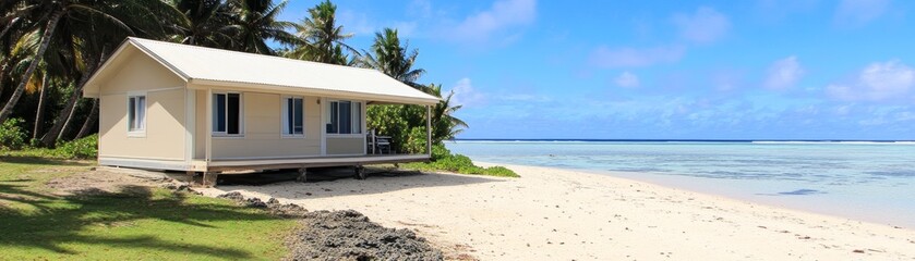 Fototapeta premium Tranquil getaway small beach house with palm trees on sandy shore cozy