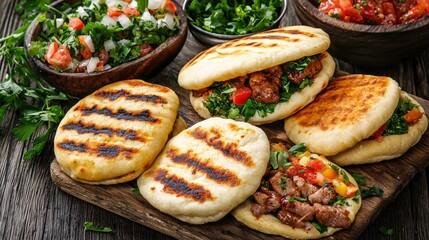 Delicious flatbread sandwiches with grilled meat and fresh salad on a rustic wooden board