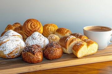 Fototapeta premium Delicious Assortment of Sweet Breads and Pastries with a Cup of Hot Chocolate Beverage