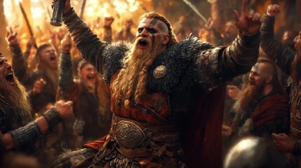 A Viking skald (poet) standing on a bench in a bustling mead hall, holding a drinking horn in one hand and gesturing dramatically as he recites epic tales, surrounded by cheering Vikings