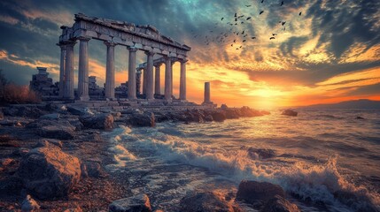 Obraz premium Ancient ruins sunset ocean waves travel postcard