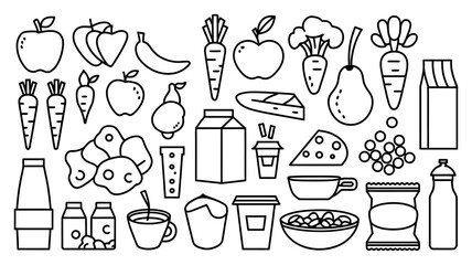 Vector Illustrations of Various Food Items set Including Burgers, Fries, Fruits, Drinks