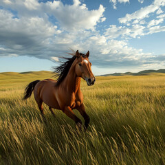 Obraz premium A horse runs through a grassy field under a partly cloudy sky. Concept of freedom and nature. For wildlife photo.
