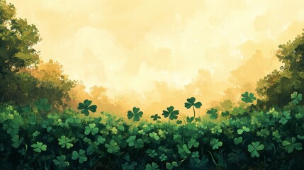 Lush green clover field against a warm golden background at sunrise