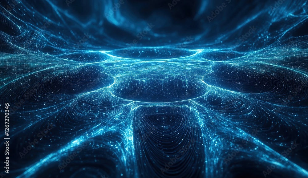 Poster abstract blue digital network: data streams flowing dynamically across a virtual landscape, showing 