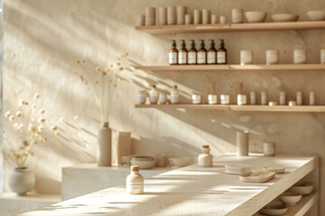 Organic cosmetics store interior with shelves filled with natural skin care products and supplements. Bright shop design with eco friendly, plant based bio products displayed in a luxurious retail spa