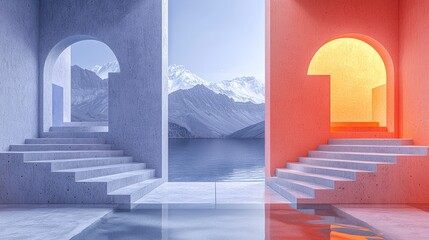 Surreal mountain lake view through contrasting archways