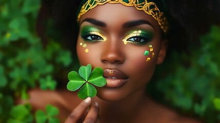 Black woman holding a clover leaf, wearing green and gold makeup with a Celtic headband