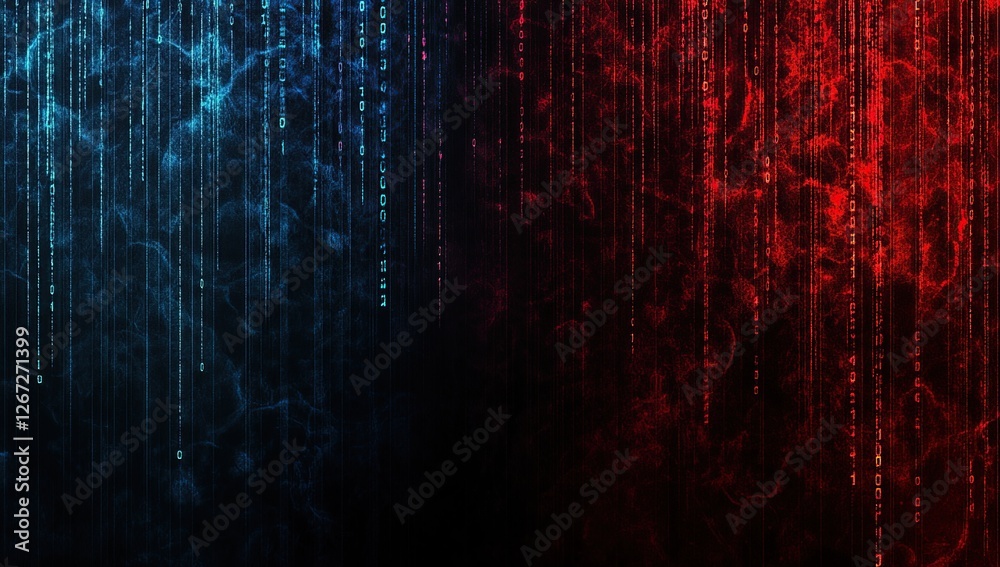 Poster digital rain: binary code streams in vivid red and blue, abstract data visualization background