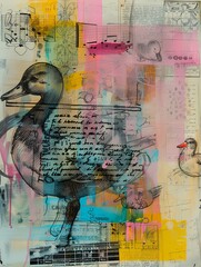 A vibrant collage featuring ducks, musical notes, and abstract elements, blending art and design.