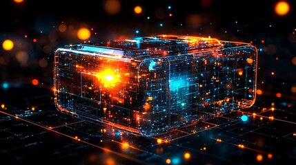 Obraz premium Abstract Luminous Cube with Orange and Blue Lights on Dark Background Depicting Artificial Intelligence