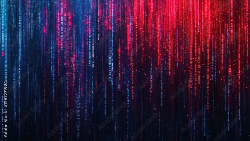 Poster digital rain: abstract code streams flowing dynamically in red and blue hues, creating a futuristic 