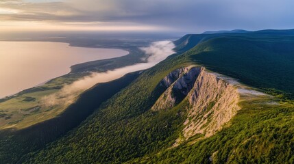Aerial view of rugged coastline with lush green mountains and ocean horizon