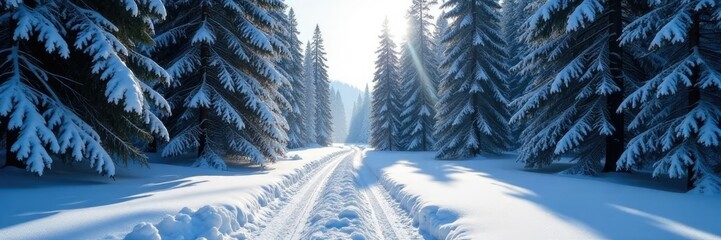 Forest trees cast deep shadows in the cold weather, frozen world, snowy terrain