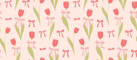 Seamless pattern with hand drawn tulips and bows. Cute colorful wallpaper with artistic crayon pencil texture. Coquette floral background for spring designs, Mother's Day decorations, print.