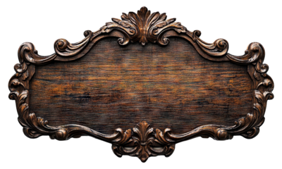 Ornate vintage wooden signboard with intricate carved details, isolated on transparent cutout background