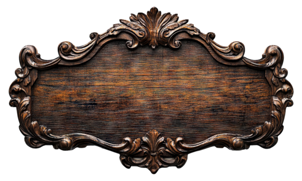 Ornate vintage wooden signboard with intricate carved details, isolated on transparent cutout background