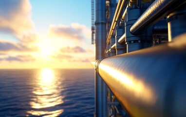 Industrial pipelines extending towards a vibrant sunset over the ocean, showcasing engineering and nature