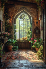 Fototapeta premium Enchanting fairytale interior with a lively garden view and vintage decor elements