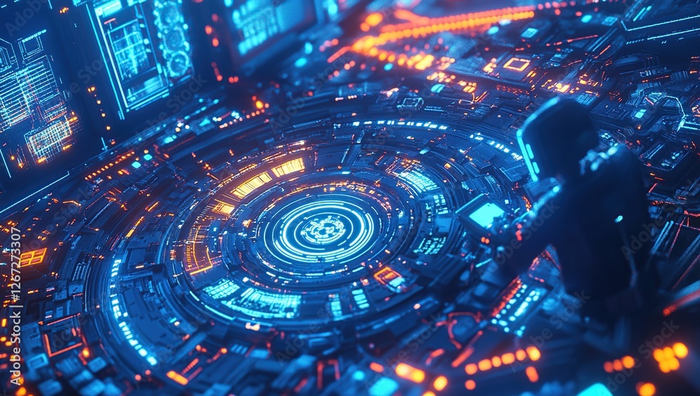 Poster exploring futuristic circuits: digital interface design with neon lights and technological innovatio