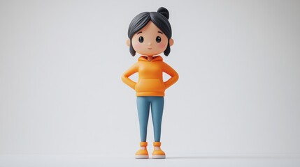 Cheerful 3D Cartoon Girl in Orange Hoodie and Blue Jeans