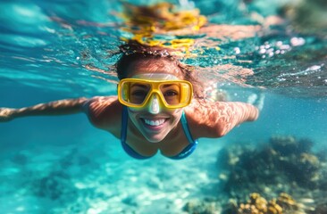 Naklejka premium A woman wearing yellow goggles and blue swimming attire is diving underwater in the ocean, with sunlight shining on her face