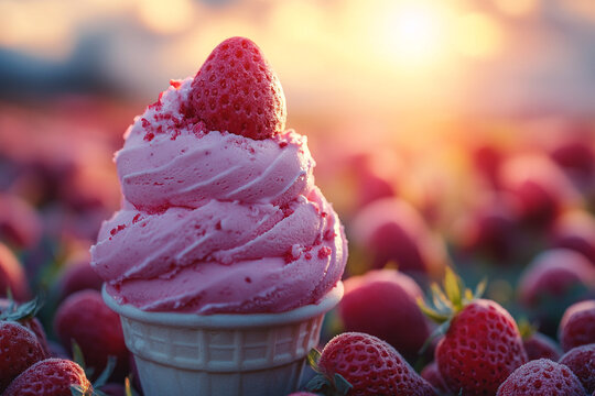 Strawberry Sunrise, A Sweet Cone Dream Amidst the Berry Fields