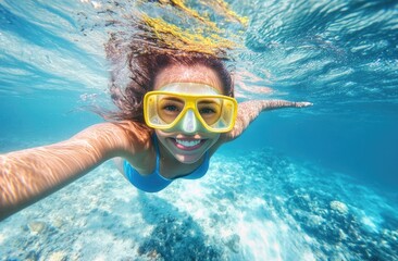 Naklejka premium A woman wearing yellow goggles and blue swimming attire is diving underwater in the ocean, with sunlight shining on her face