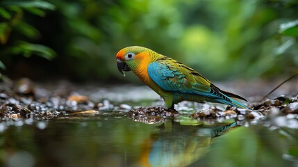 Fototapeta premium Colorful parrot enjoying a refreshing drink in a natural setting during a sunny day