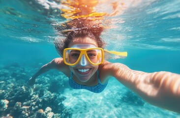 Naklejka premium a woman wearing yellow goggles and blue swim shorts swimming underwater in the ocean, which is visible from below