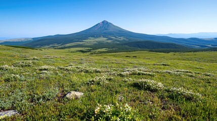 Mountain vista, wildflowers, grassland, clear sky, scenic travel