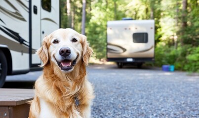 Happy golden retriever sitting near an RV in a serene forest setting