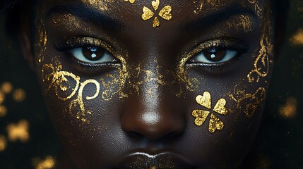 Close-up of a Black womanâ€™s face adorned with Celtic patterns, gold accents, and clover symbols