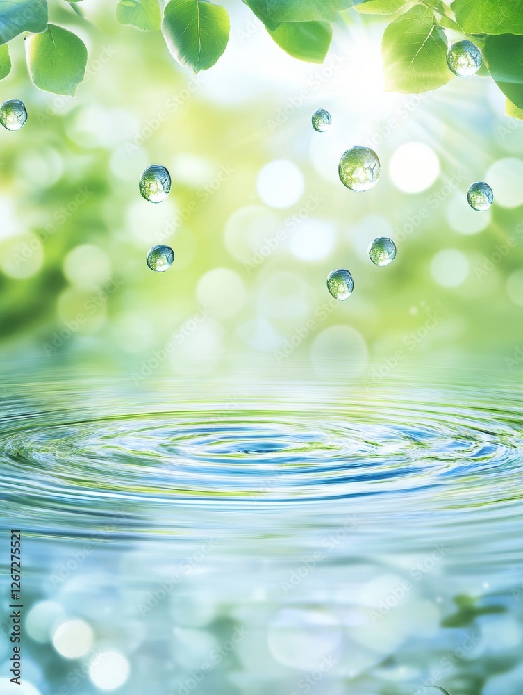 Fototapete water droplets create ripples on a serene pond surrounded by lush greenery in soft natural light. ge