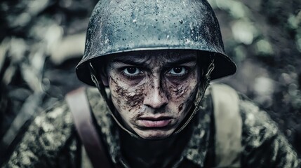 Obraz premium War soldier's intense face in a muddy trench