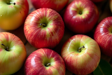 A close-up top-down view of fresh apples. Bright, juicy fruits rest on a wooden surface.