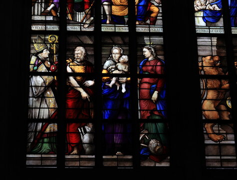 Amsterdam Oude Kerk Church Stained Glass Window Detail with Madonna with Child, Netherlands
