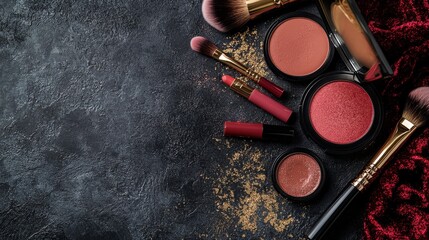 Collection of makeup products and brushes arranged on a dark textured surface for beauty enthusiasts