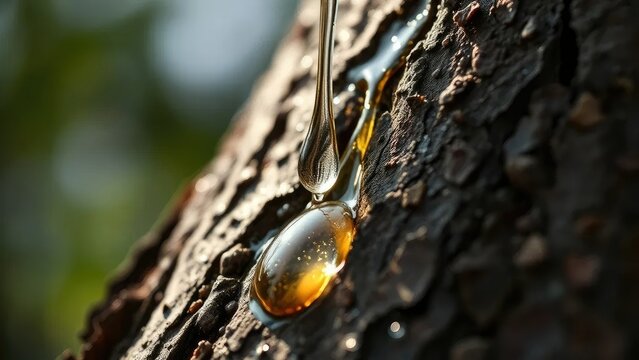 Glistening droplet of sap flows slowly down the tree trunk, liquid, tree, slow
