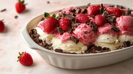 Delicious selection of ice cream scoops in a rectangular dish with fresh strawberries and mint leaves