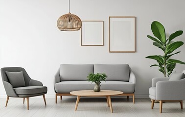 Minimalist Scandinavian living room with a grey sofa, armchair, and coffee table against a white wall, decorated with a wooden pendant lamp hanging above poster frames on the floor
