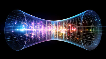 Abstract Hourglass Shaped Tunnel of Light with Glowing Particles and Complex Grid Structure