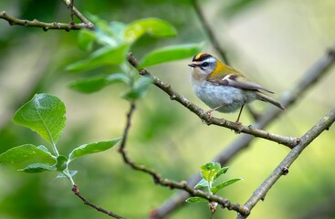 Common firecrest singing on a branch.