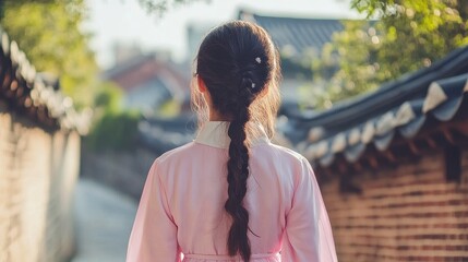 Obraz premium Back view of korean asian woman in traditional korean dress or hanbok dress walking in old palace in night with full moon, Seoul city, South Korea,copy space.