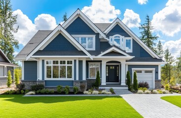 Beautiful modern home exterior with a blue-grey house color and white trim, a beautiful roof, and a garden area