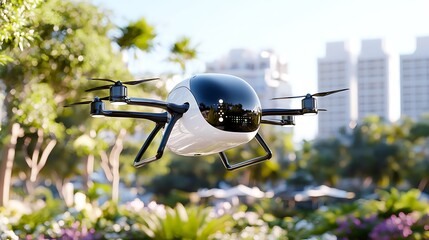 Futuristic Automated Delivery Drone Hovering Above Green Park with City Buildings in Background on a Bright Day
