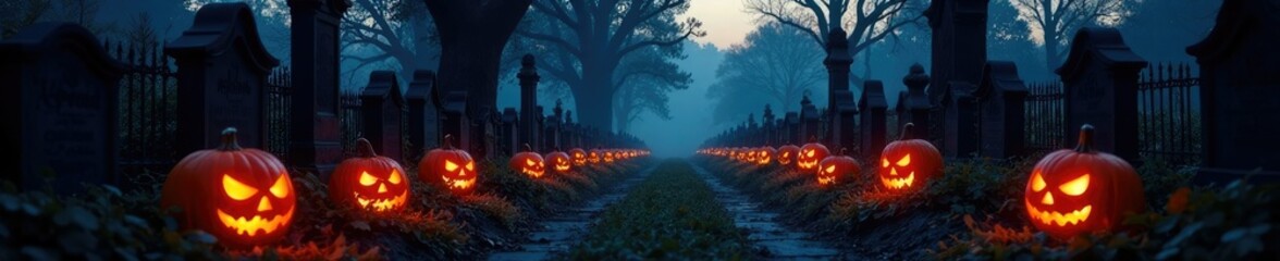 Graveyard at dusk with glowing pumpkins and lanterns, dimly lit path, moonless night