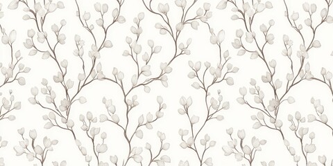 Fototapeta premium Watercolor Twigs With Small Oblong White Leaves Seamless Cream Texture Background, Dreamy Art